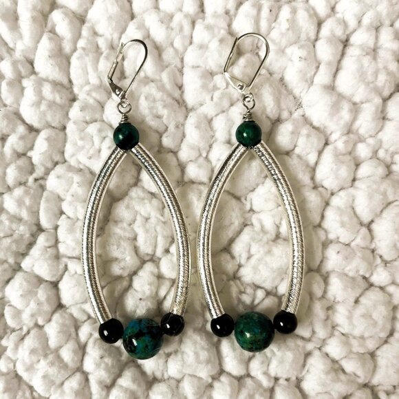 Chrysocolla and Garnet with Silver Genuine Gemstone Earrings, Handmade Original - Picture 1 of 5